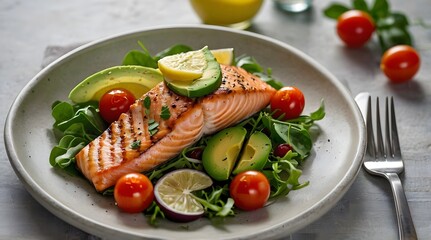 A deliciously prepared grilled salmon fillet served on a bed of fresh salad leaves, complemented with cherry tomatoes, avocado slices, and lemon for a perfect healthy and tasty meal presentation