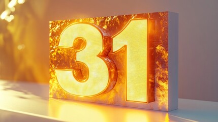 Glowing golden number 31 on a textured surface.