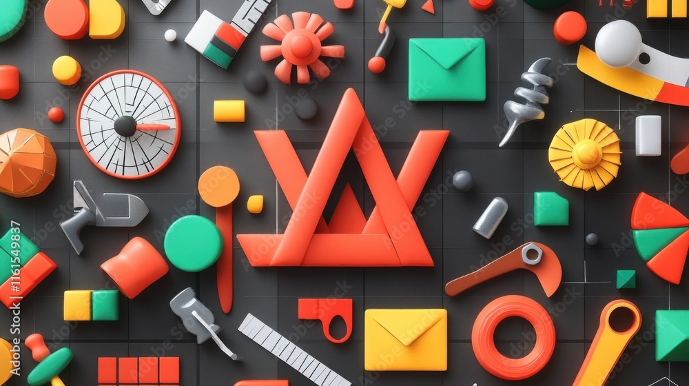 Poster colorful 3d shapes and objects arranged on a dark background.