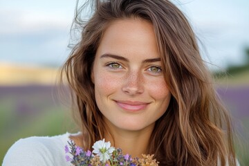 A girl stands in a flower-filled field, wearing a bright smile as she holds a bouquet, embodying the essence of youth, joy, and the carefree spirit of summer in nature.