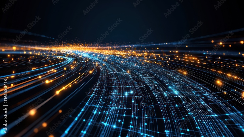 Poster abstract digital data flow, glowing lines and particles on dark background.