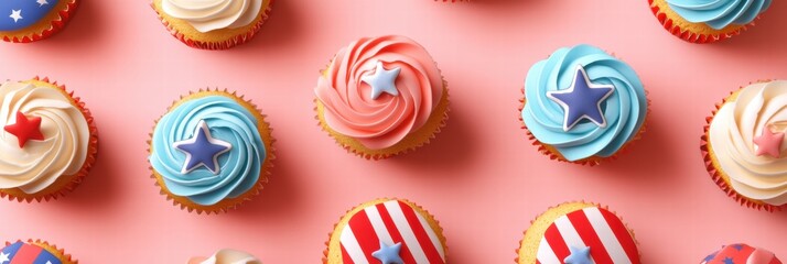 Festive cupcakes decorated with American flags for a patriotic celebration. Generative AI
