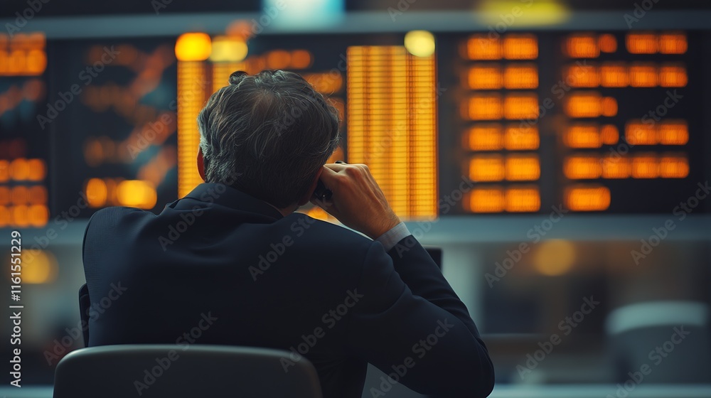 Poster businessman analyzing stock market trends on multiple monitors in financial exchange : generative ai