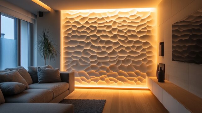 Modern living room with textured 3D wall panel and warm LED lighting.