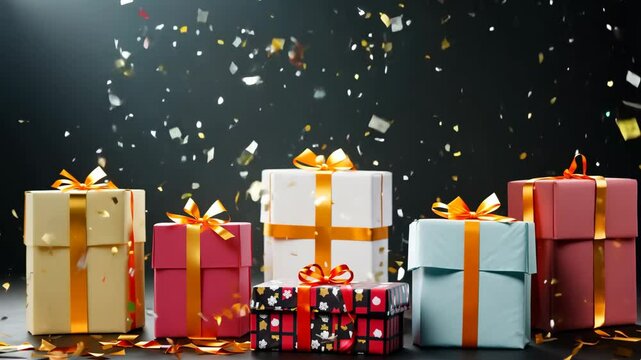 A stack of presents with a bow on top. The presents are in different colors and sizes. There are five presents in total