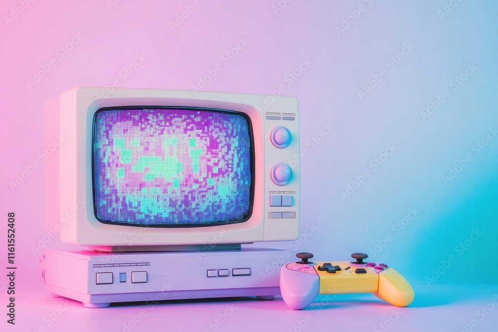 Leinwandbilder Retro gaming console beside a vintage television with colorful screen effects and a controller on display. Generative AI