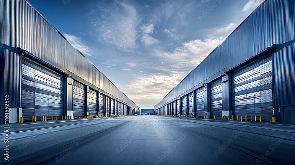 Aufkleber symmetrical modern warehouse architecture under a blue sky with clouds : generative ai