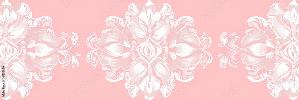 Poster lace inspired seamless pattern on a soft pink background featuring ornate floral designs with intric