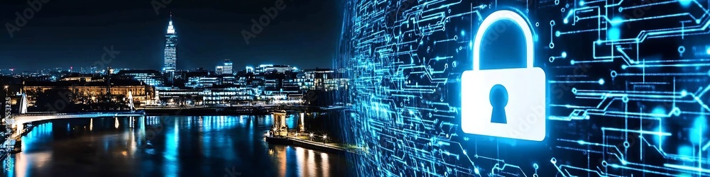 Poster digital security lock with technology background overlooking urban skyline at night : generative ai