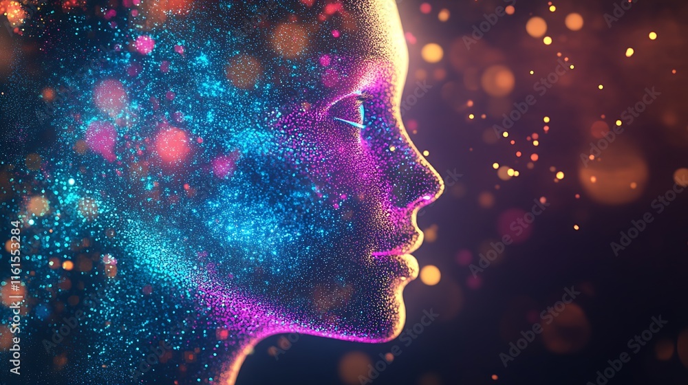 Poster futuristic digital art profile with glowing neon colors and particles : generative ai
