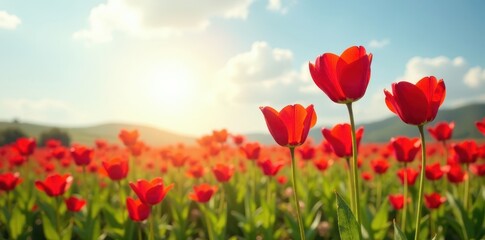 Fototapeta premium Red heart shape flowers blooming in a field under sunny sky, nature scenery, floral patterns, sunflowers