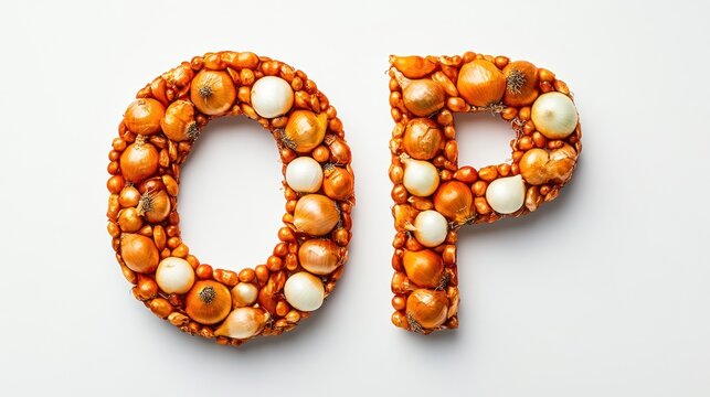 Onion and Pumpkin Alphabet Letters O and P from Fruits and Vegetables on White Background