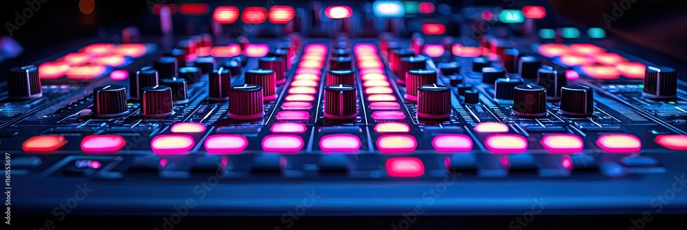 Poster a close-up of a colorful electronic music mixer with illuminated buttons and knobs.