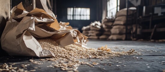 Ripped paper bags spilling grain onto a warehouse floor 