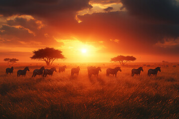 Photo r&eacute;aliste professionnelle d&rsquo;une sc&egrave;ne paisible de savane au cr&eacute;puscule, avec un coucher de soleil flamboyant projetant des ombres de z&egrave;bres et d&rsquo;arbres baobabs sur l&rsquo;herbe dor&eacute;e