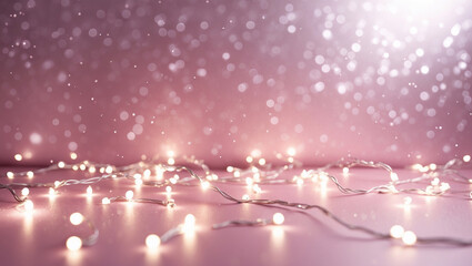 Obraz premium Cold gold dust particles flying in the air lingering slowly. Bokeh gold lights on metalic pink background. Valentin Holiday festive magical backdrop. Copy space
