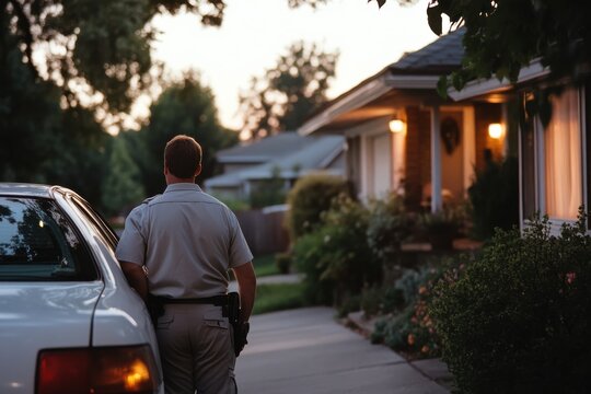 A police officer stands vigilantly in a residential area at dusk, observing the quiet neighborhood as evening descends, highlighting themes of safety and community watch.