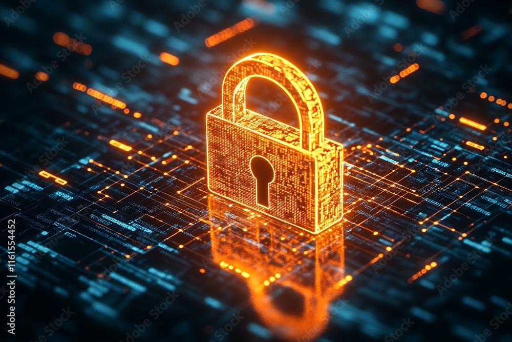 Poster cyber security symbol glowing orange lock on technological circuit board : generative ai