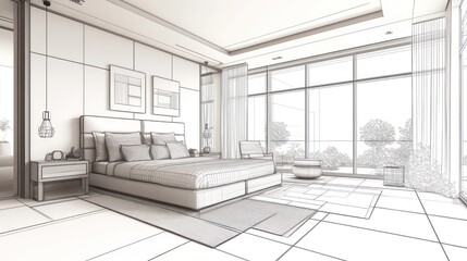 Modern bedroom architectural sketch.