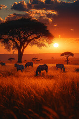 Obraz premium Photo réaliste professionnelle d’une scène paisible de savane au crépuscule, avec un coucher de soleil flamboyant projetant des ombres de zèbres et d’arbres baobabs sur l’herbe dorée