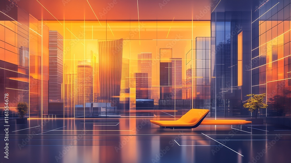 Poster stylish urban lounge with panoramic city view at dusk : generative ai