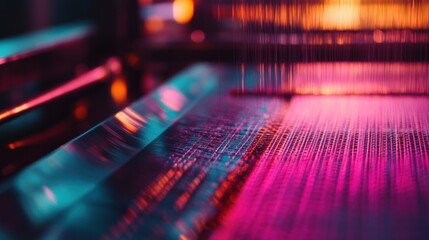 Obraz premium Close-up of a textile loom in motion, threads being woven into fabric, industrial setting, metallic machinery, with vibrant colors blending,