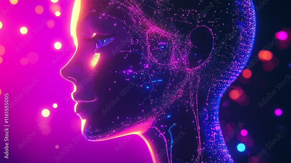 Aufkleber digital neon head with vibrant circuits and bright glowing elements : generative ai