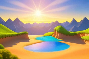 Fototapeta premium Beautiful and Peaceful Nature Scenery Illustration Landscape Countryside Tranquil Vibrant and Colorful