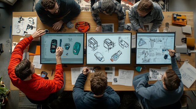 A team of designers collaborates around a table, working on product sketches and digital designs on multiple computer screens.  Their workspace is filled with papers and design tools.