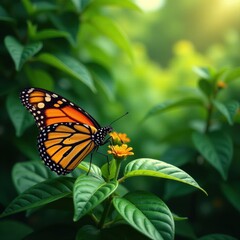 Naklejka premium Vibrant monarch butterflies on lush green foliage, flora, colorful