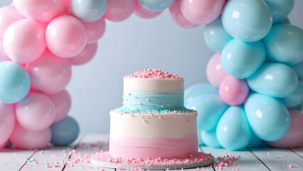 Beautiful 2-tier gender reveal party cake with sprinkles, and pink and blue balloons in background. Boy or girl baby shower template.