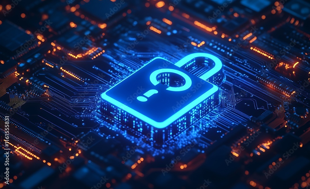 Poster Glowing Cybersecurity Lock Icon Over Circuit Board Background : Generative AI