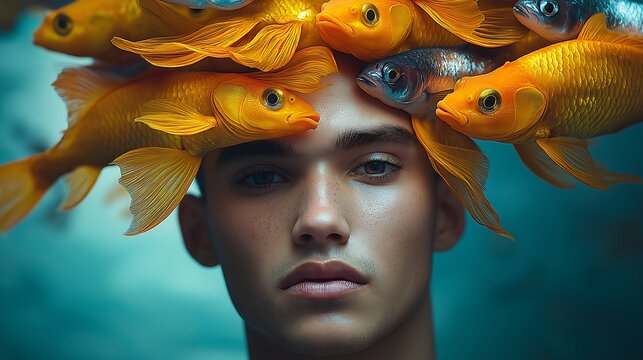 A handsome man with a yellow fish tail and short hair, fish around the head
