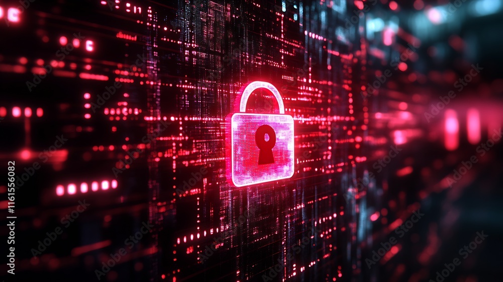 Poster futuristic neon lock depicting advanced cyber security measures : generative ai