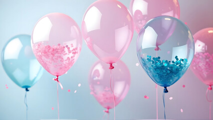 Floating transparent baby shower helium balloons filled with pink and blue confetti inside for gender reveal party