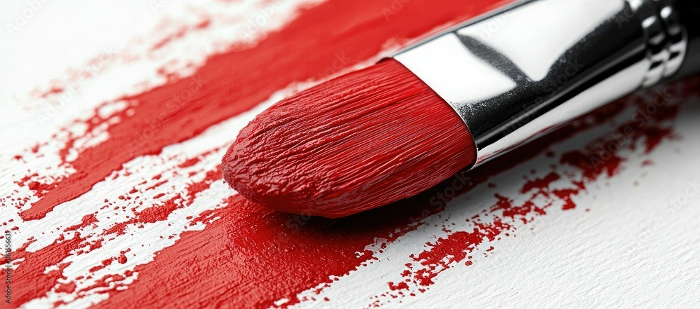 Poster a close-up of a red paintbrush creating a vibrant stroke on white canvas.