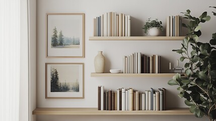 Contemporary Living Room Design with Bookshelves and Art for Nordic Simplicity : Generative AI