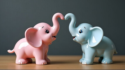 Adorable boy or girl gender reveal template with cute pink and blue porcelain elephants baby shower background