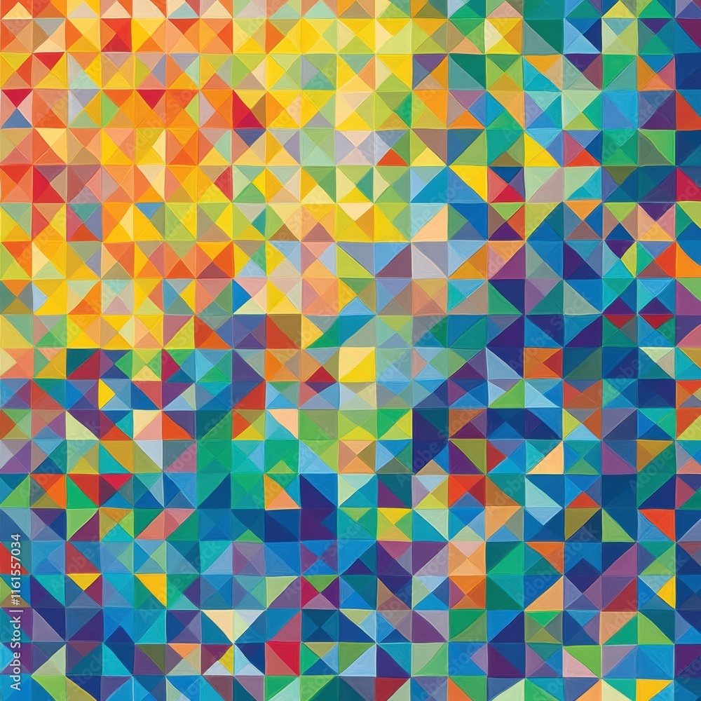 Poster mosaic inspired pattern featuring vibrant triangles in a dynamic arrangement of colors and shapes. g