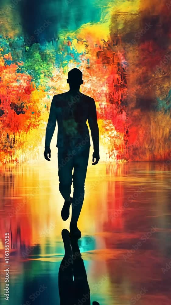 Poster colorful abstract background with a silhouette of a person walking on a reflective surface at twilig