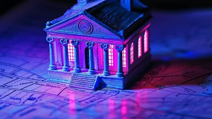 Colorful miniature building illuminated on a detailed map with vibrant lighting effects - Powered by Adobe