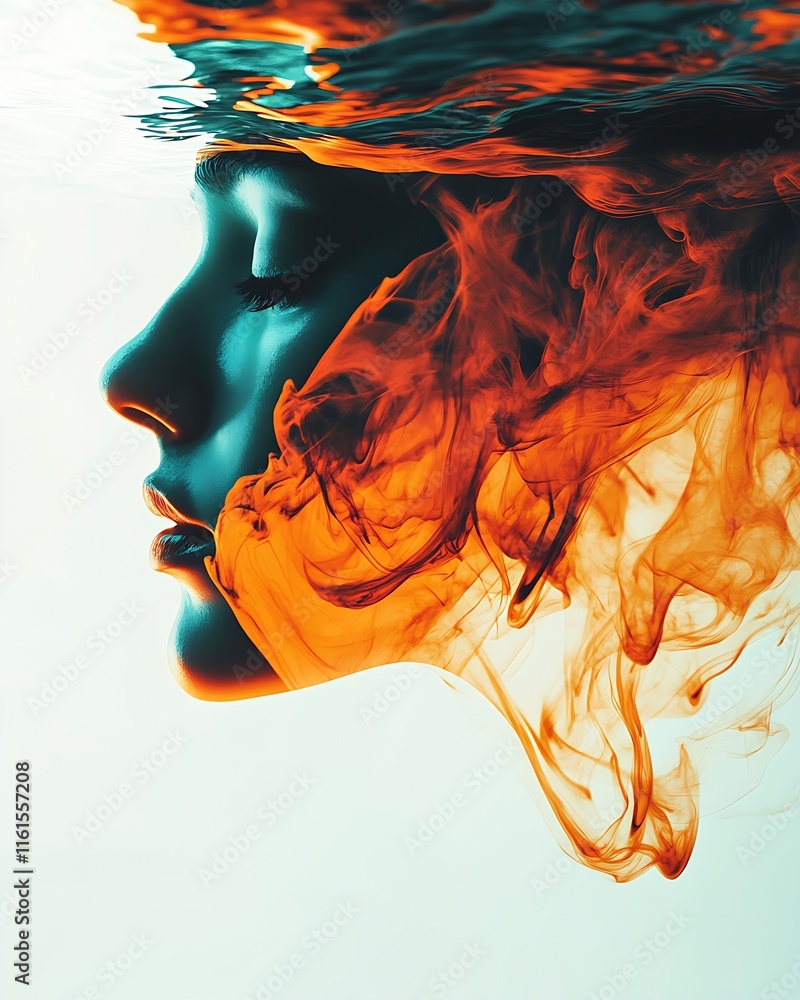 Poster enigmatic artistic woman portrait with dynamic ink flows in water : generative ai
