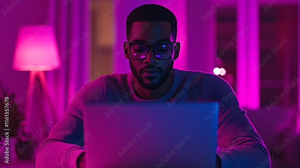 Poster professional man engaged in online tasks in a stylish and modern purple-lit workspace : generative a