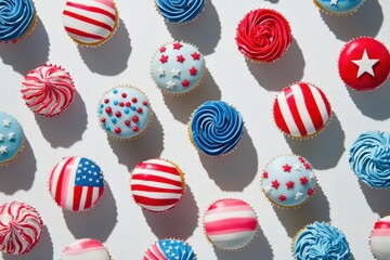 Obraz premium Delicious cupcakes decorated with American flags perfect for patriotic celebrations. Generative AI