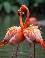 Obraz premium Flamingos gather in a tranquil pond, their orange feathers reflecting in water. They interact playfully, creating a stunning display of nature. Flamingo Phoenicopterus is genus of birds. Generative AI