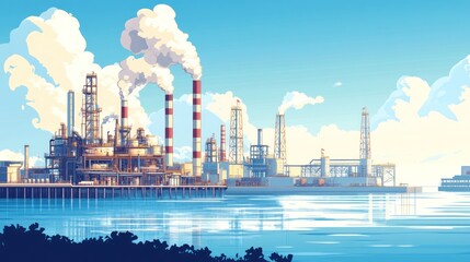 Obraz premium Coastal industrial complex with smokestacks and refinery.