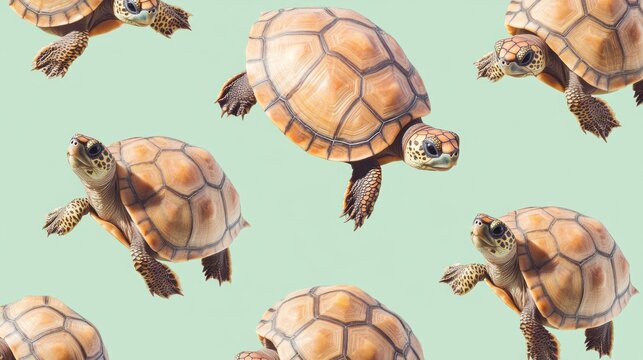 Repeating pattern of small turtles on a light green background.