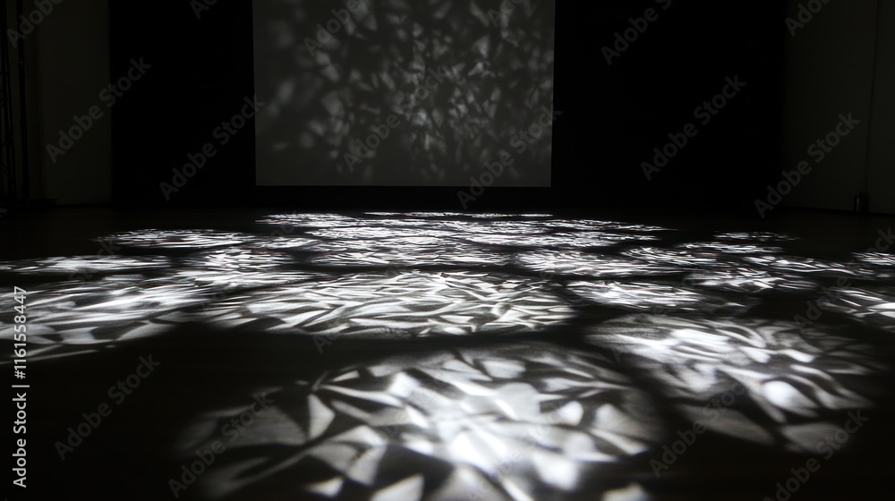 Poster abstract light patterns projected on floor and wall.
