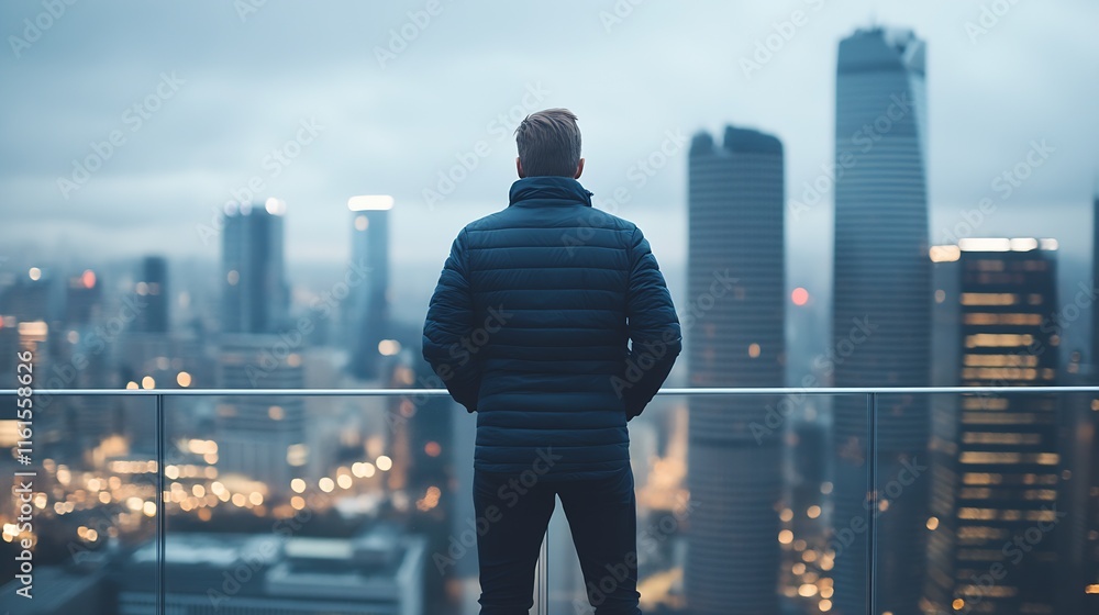Poster man in winter jacket overlooking modern cityscape with skyscrapers at dusk : generative ai