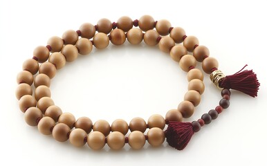 Obraz premium Elegant Wooden Prayer Beads with Red Tassels for Meditation and Mindfulness Practices : Generative AI